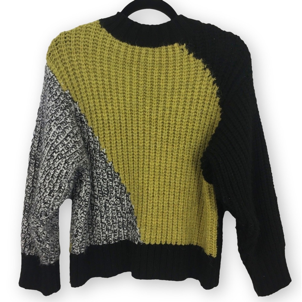 Topshop Colorblock Chunky Knit Sweater Black Chartreuse Gray S Art to Wear